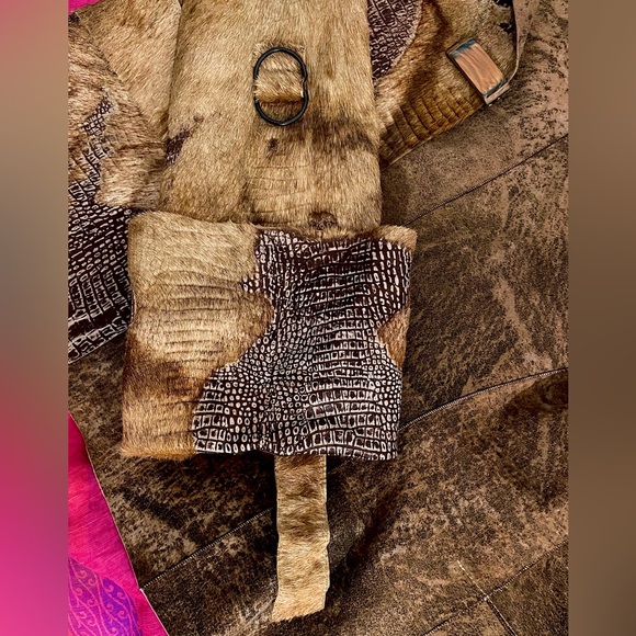 Unique 100% Genuine Leather & fur Embossed Croc Jacket Size 38 small brown tan - Picture 9 of 17